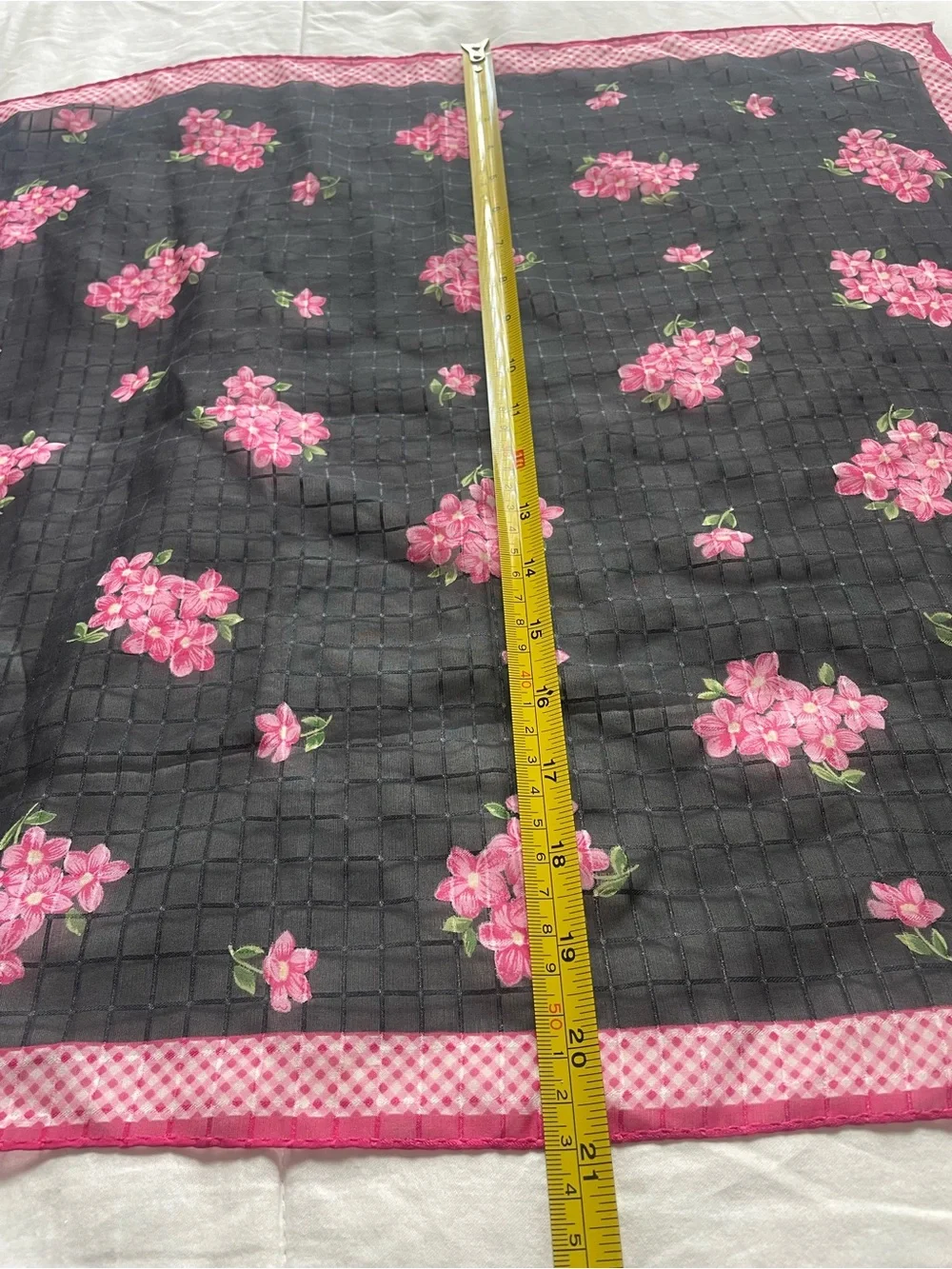 Vintage Silk Black Pink Floral Gingham Scarf Top Bandana Whimsigoth Coquette Y2K